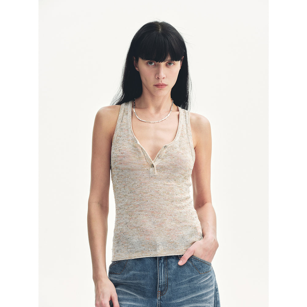 
                  
                    "Summer Night Starry Sky" Cotton and Linen Blended Henley Collar Beaded Vest Summer
                  
                