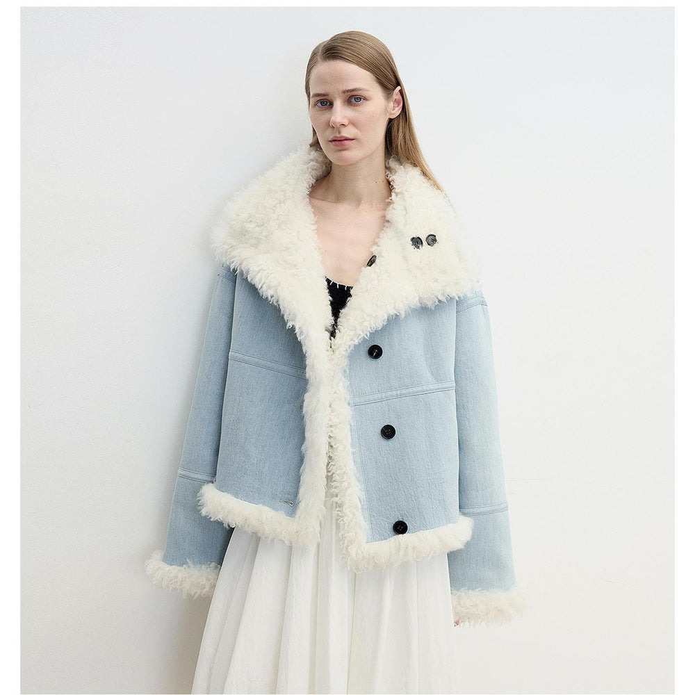 "Mint Glacier"Flip Collar Reversible Shearling Denim Wool Jacket