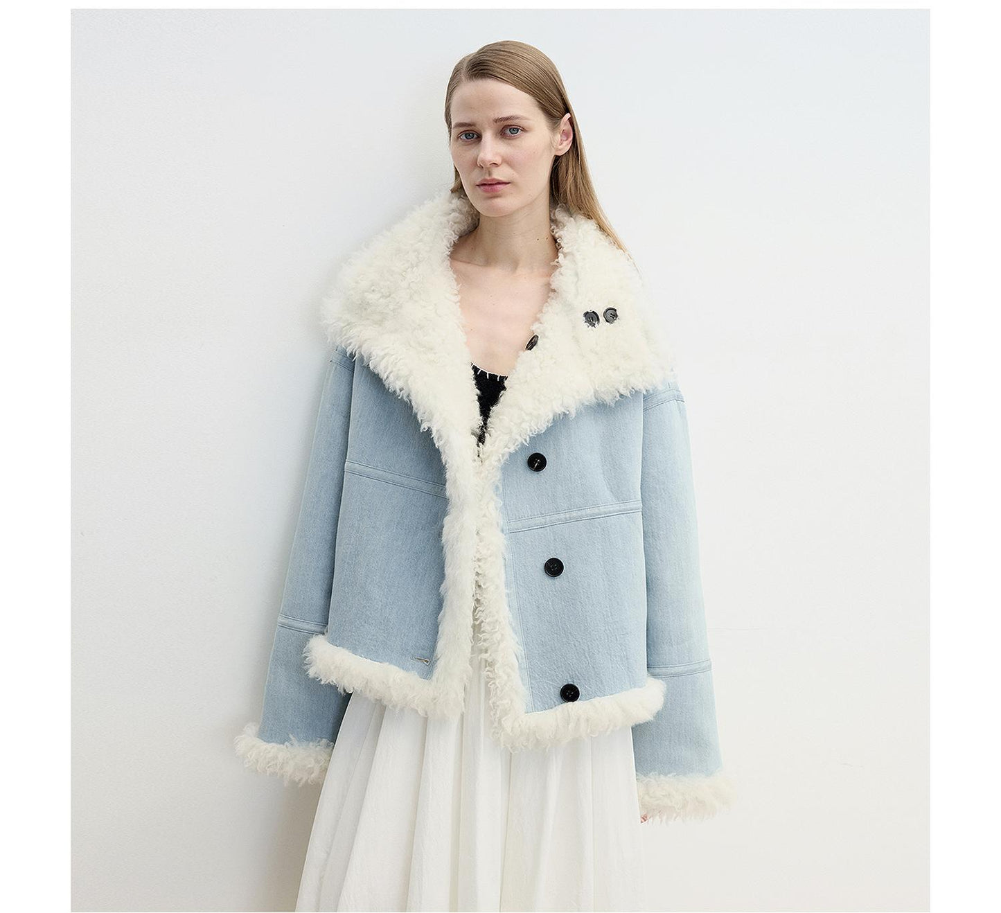 "Mint Glacier"Flip Collar Reversible Shearling Denim Wool Jacket