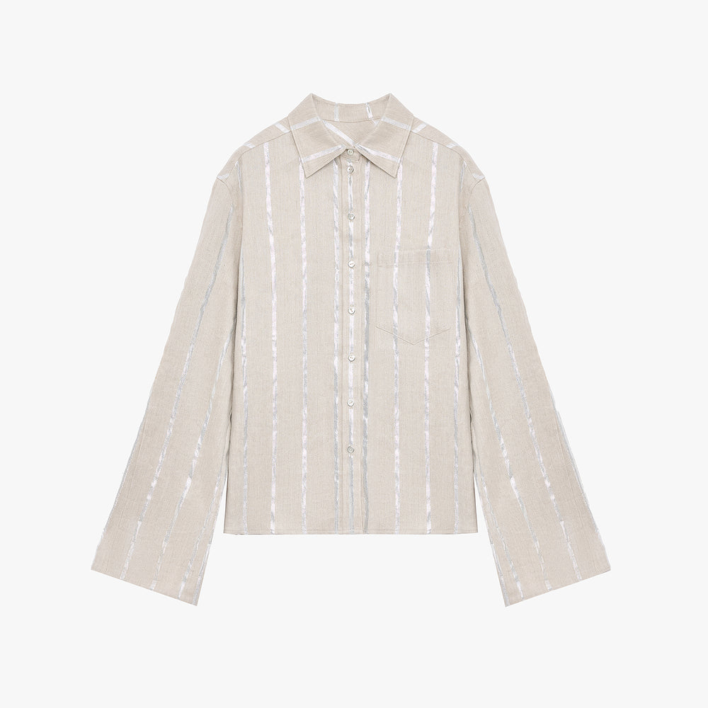 
                  
                    "Anonymous Letter" Silver Stripe Trumpet Sleeve Linen Cropped Shirt
                  
                