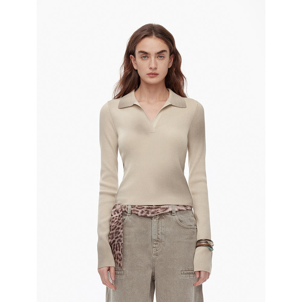 
                  
                    "Artistic Abstract" sfumato distressed printed merino wool waisted polo collar long sleeve short knit sweater
                  
                