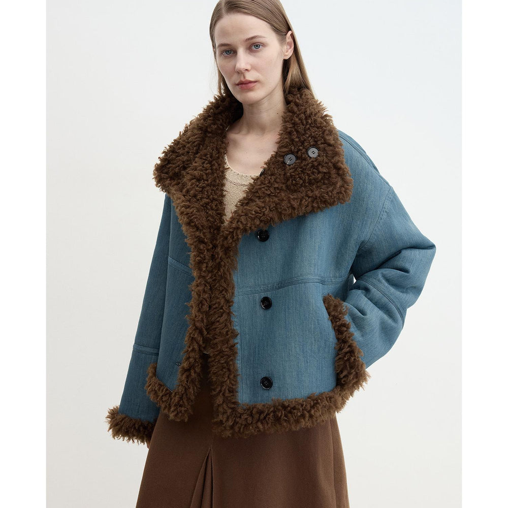"Mint Glacier"Flip Collar Reversible Shearling Denim Wool Jacket