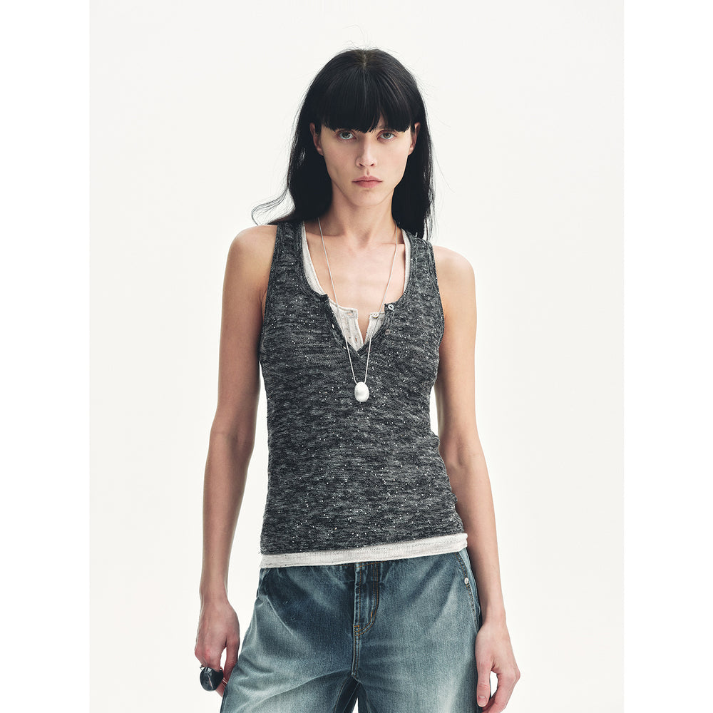 
                  
                    "Summer Night Starry Sky" Cotton and Linen Blended Henley Collar Beaded Vest Summer
                  
                