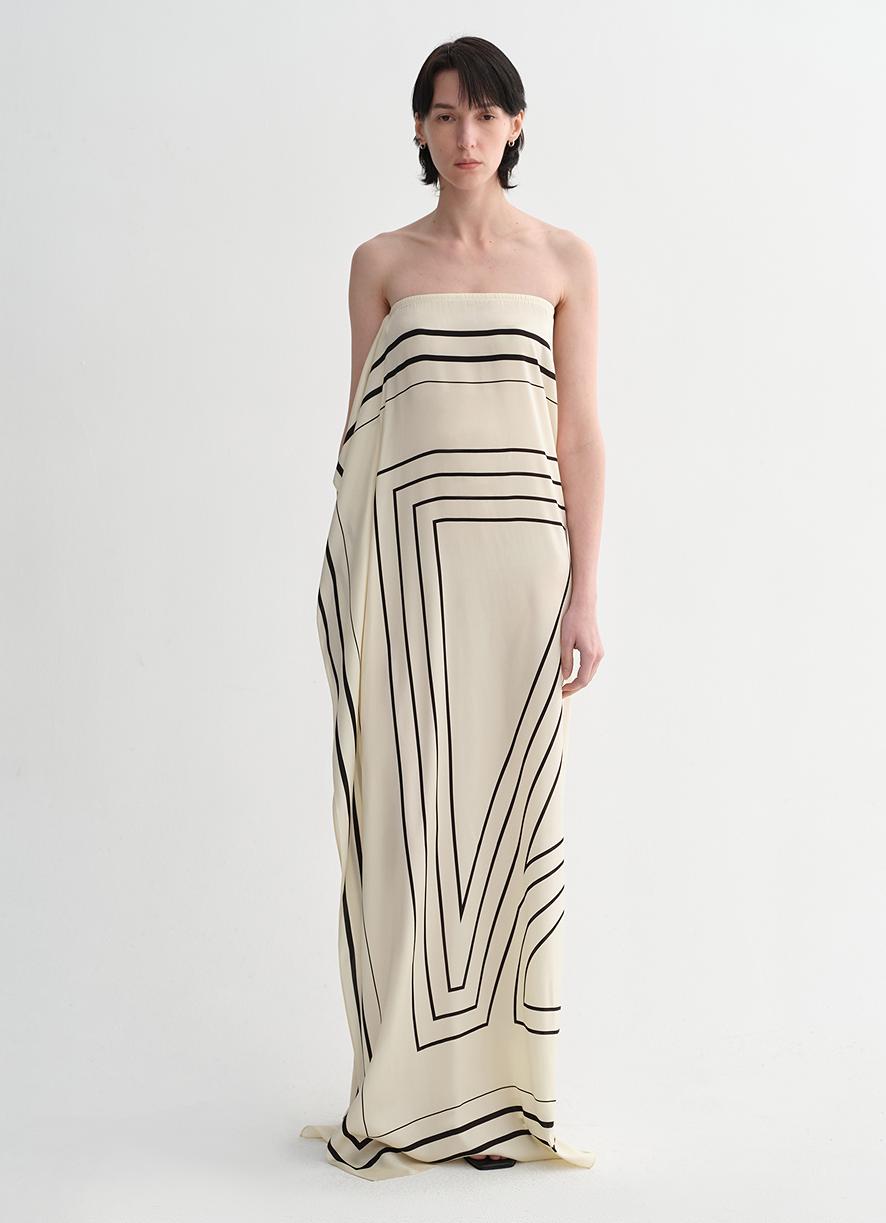 Mulberry silk stretch stripes contrast color geometric print light holiday wrap-style tube top dress