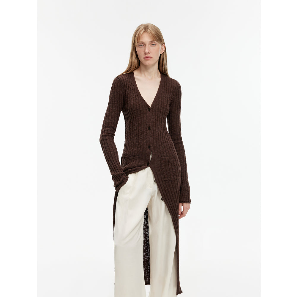 
                  
                    "Soft Spring Formula" Luxury brand same version cotton and linen fancy yarn knitted V-neck curling design straight long cardigan
                  
                