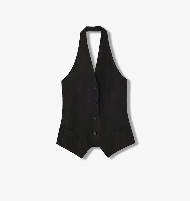 
                  
                    Classic old money style cool feeling silk linen halterneck sleeveless short vest women's top
                  
                