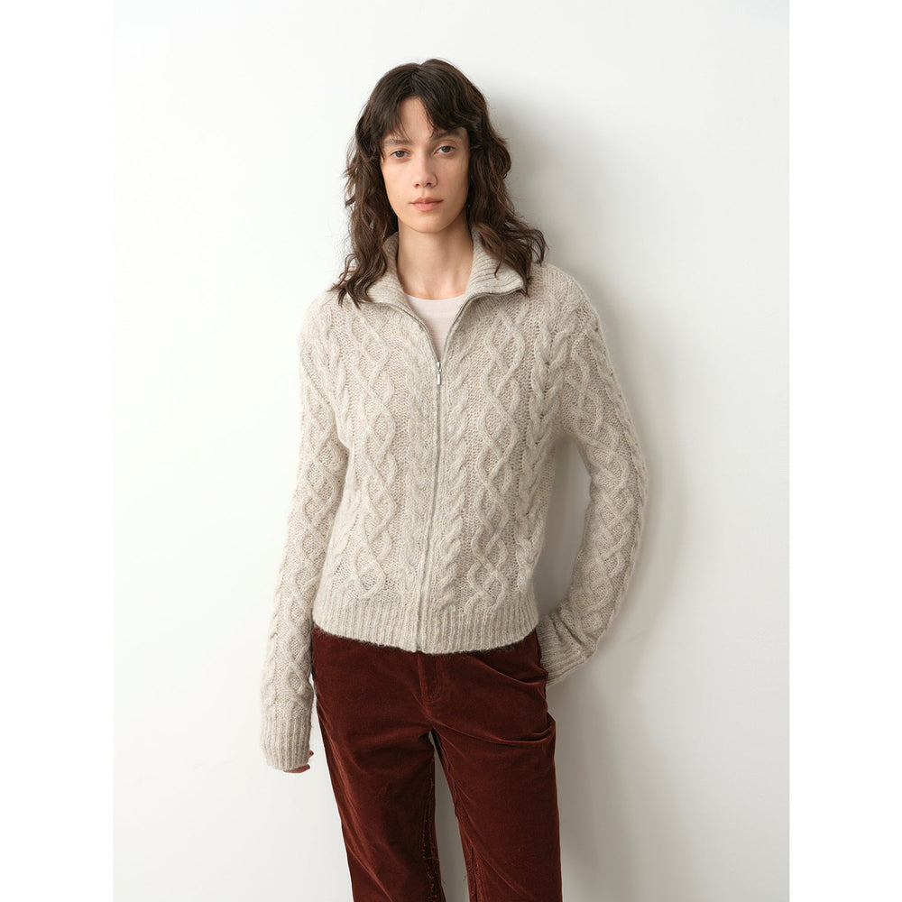 
                  
                    "Romantic Cable" vintage warm flower basic mohair wool cable blend zipper knitted cardigan
                  
                