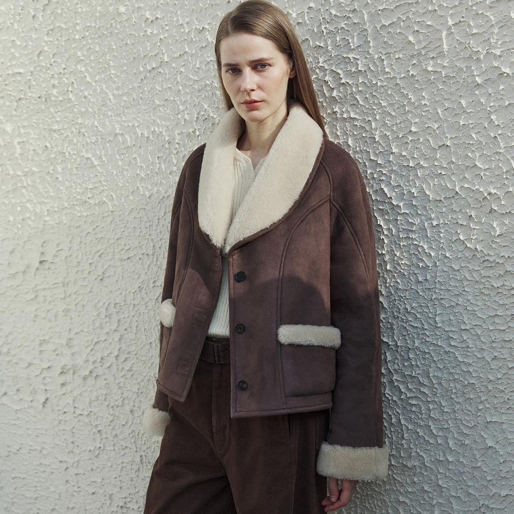 "Pure Era" imported high-quality lamb contrast color fruit collar short wool fur coat