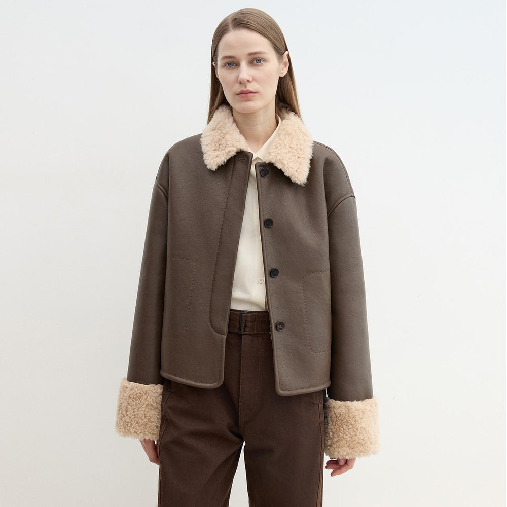 Slightly Sweet Latte Second Generation Furry Lapel Casual Straight Shorn Shearling Jacket