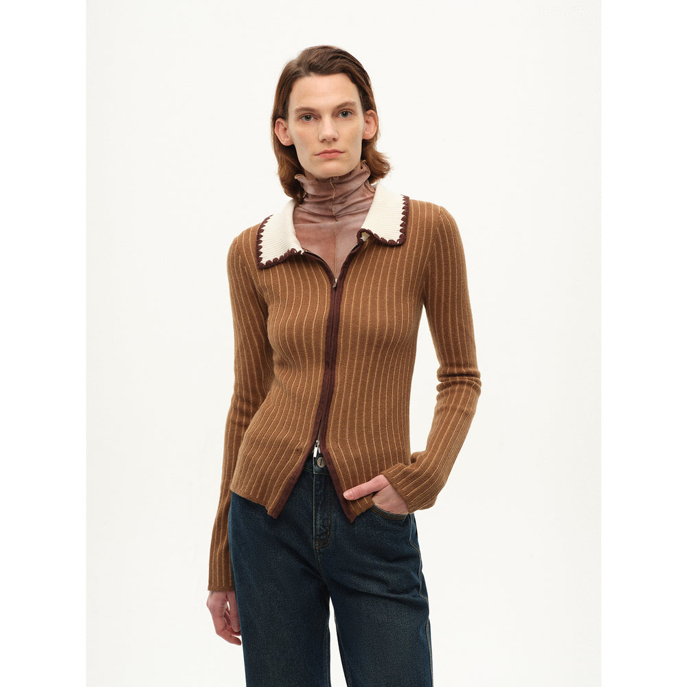 
                  
                    [FF×JW joint striped fabric] Slim-fitting crocheted lapel color-blocked striped comfortable wool knitted cardigan
                  
                