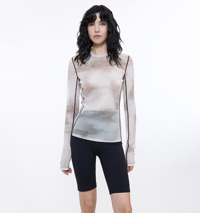 
                  
                    Smudge-printed mesh slightly see-through long-sleeved T-shirt for women
                  
                