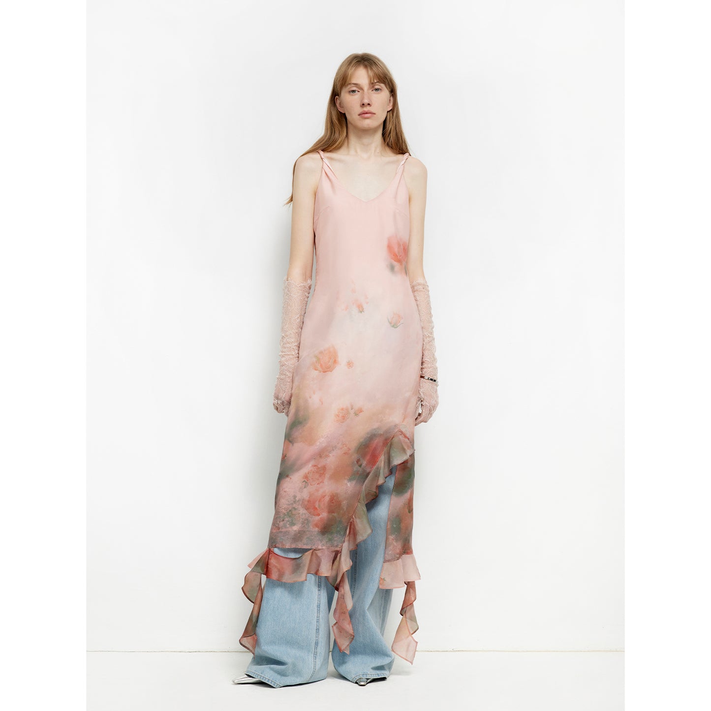 "Rosy Ombre" Acetate Mulberry Silk V-Neck Ruffled Draped Twist Strap Summer Dress
