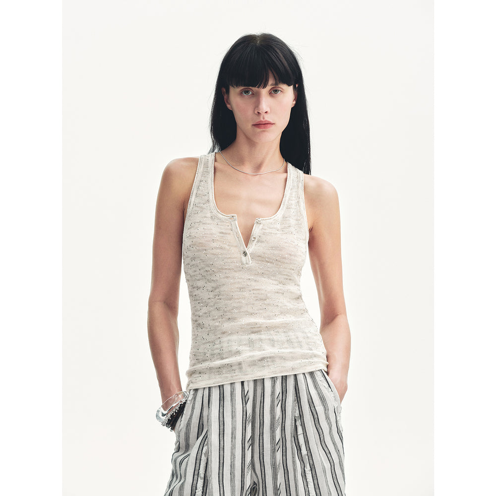 
                  
                    "Summer Night Starry Sky" Cotton and Linen Blended Henley Collar Beaded Vest Summer
                  
                