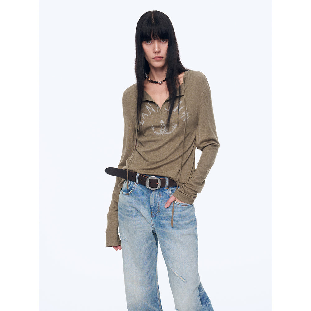 
                  
                    "Minimal Message" ethnic print modal knit henley collar tie long sleeve T-shirt top
                  
                