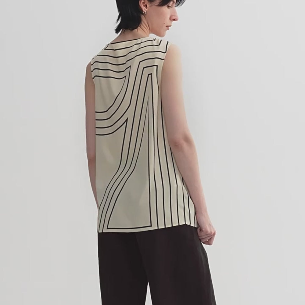 
                  
                    ギャラリービューアでビデオを読み込んで再生、Elastic silk twisted collar original geometric print slim fit multi-occasion T-shirt sleeveless vest for women
                  
                
