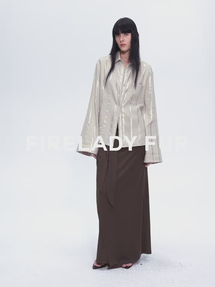 "Anonymous Letter" Silver Stripe Trumpet Sleeve Linen Cropped Shirt