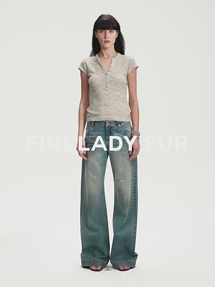 
                  
                    Load and play video in Gallery viewer, &amp;quot;Minimalist Light Gap&amp;quot; Cotton and Linen Blend Sequined Henley Neck Short Sleeve T-Shirt
                  
                