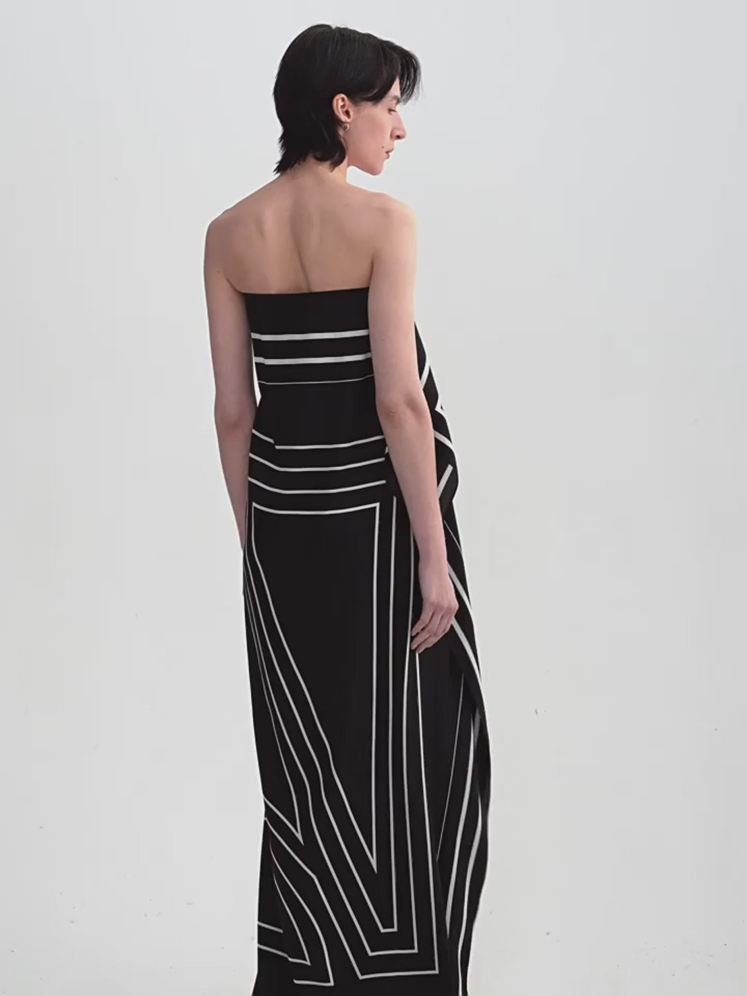 Mulberry silk stretch stripes contrast color geometric print light holiday wrap-style tube top dress