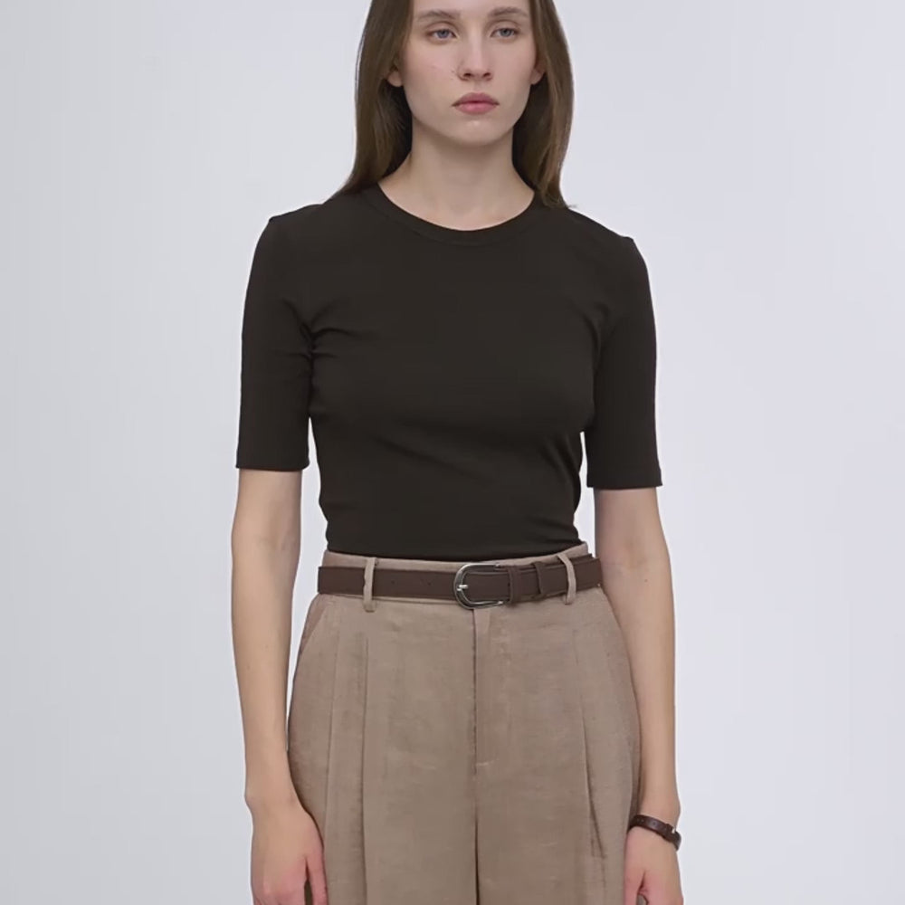 
                  
                    ギャラリービューアでビデオを読み込んで再生、Fitted waist slimming round neck Tencel cashmere versatile short-sleeved T-shirt
                  
                