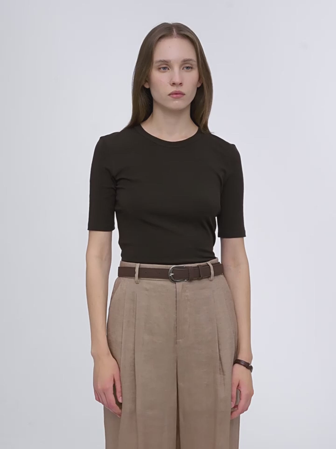 Fitted waist slimming round neck Tencel cashmere versatile short-sleeved T-shirt