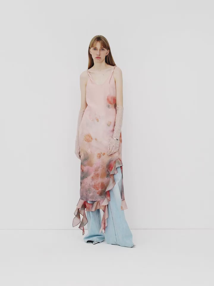 
                  
                    Load and play video in Gallery viewer, &amp;quot;Rosy Ombre&amp;quot; Acetate Mulberry Silk V-Neck Ruffled Draped Twist Strap Summer Dress
                  
                