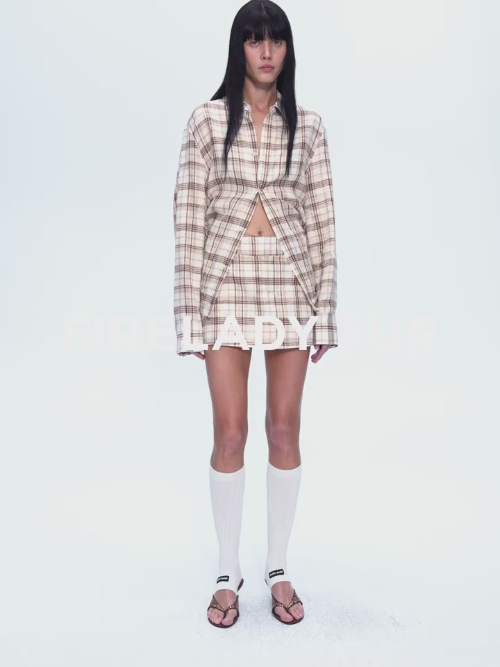 "Plaid Sketch" Vintage Linen Shirt Skirt Two-Piece Spring