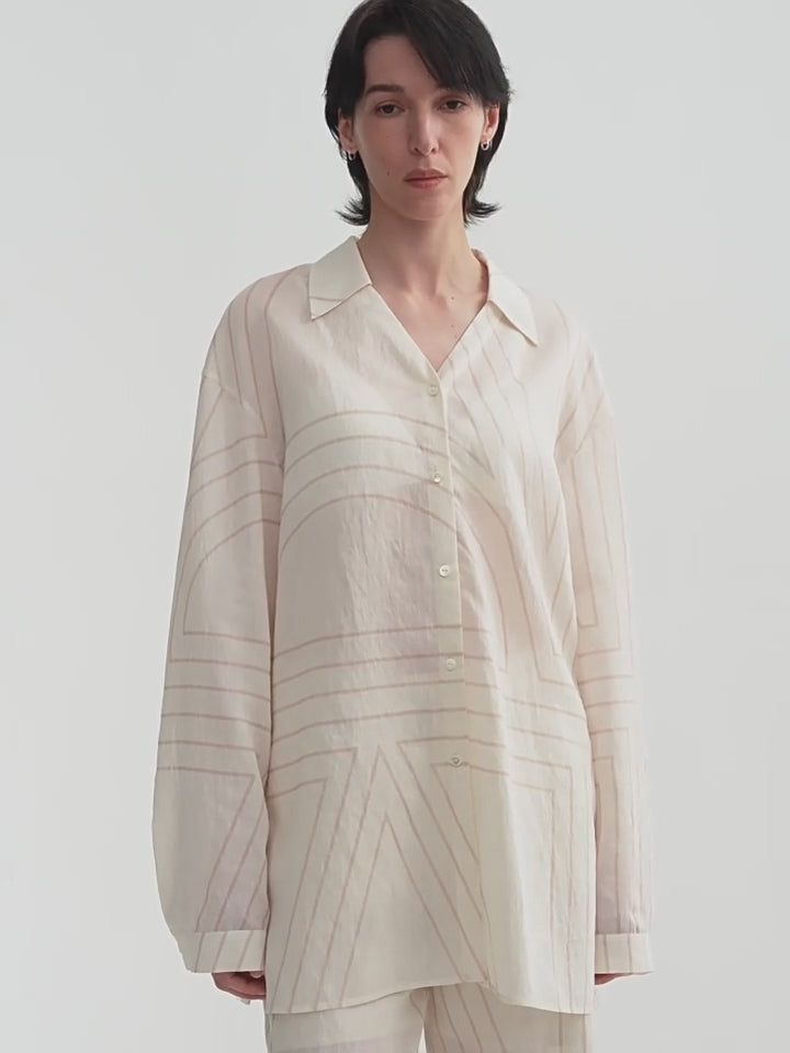 Linen original art stripe print classic lapel small V-neck design breathable shirt suit for women
